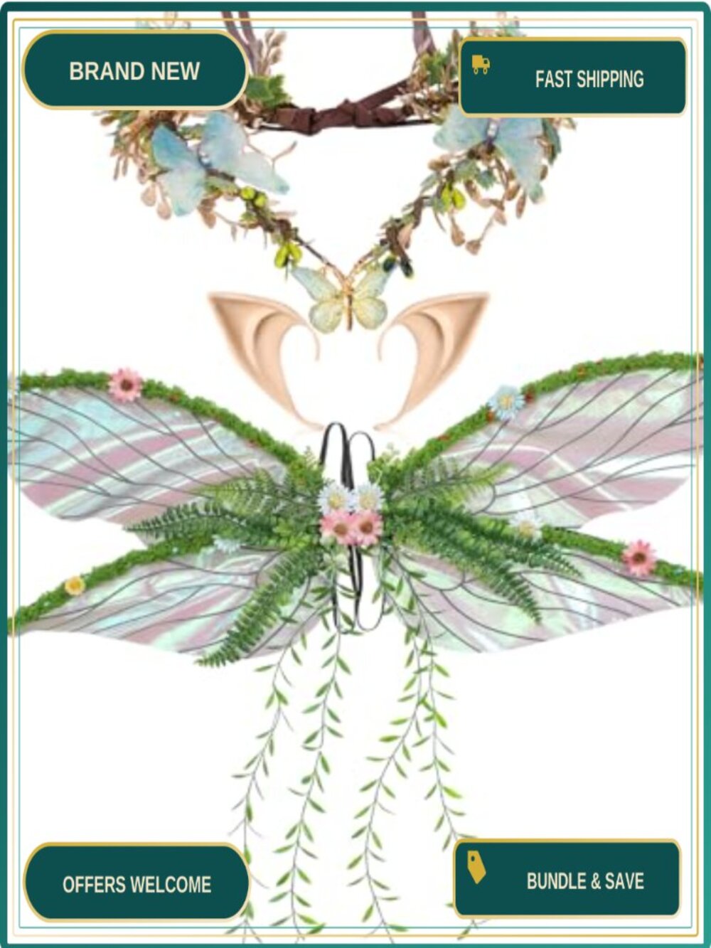 Fairy Wings Set Adult 3 PC Elf Ears Butterfly Wings Crown Costume
